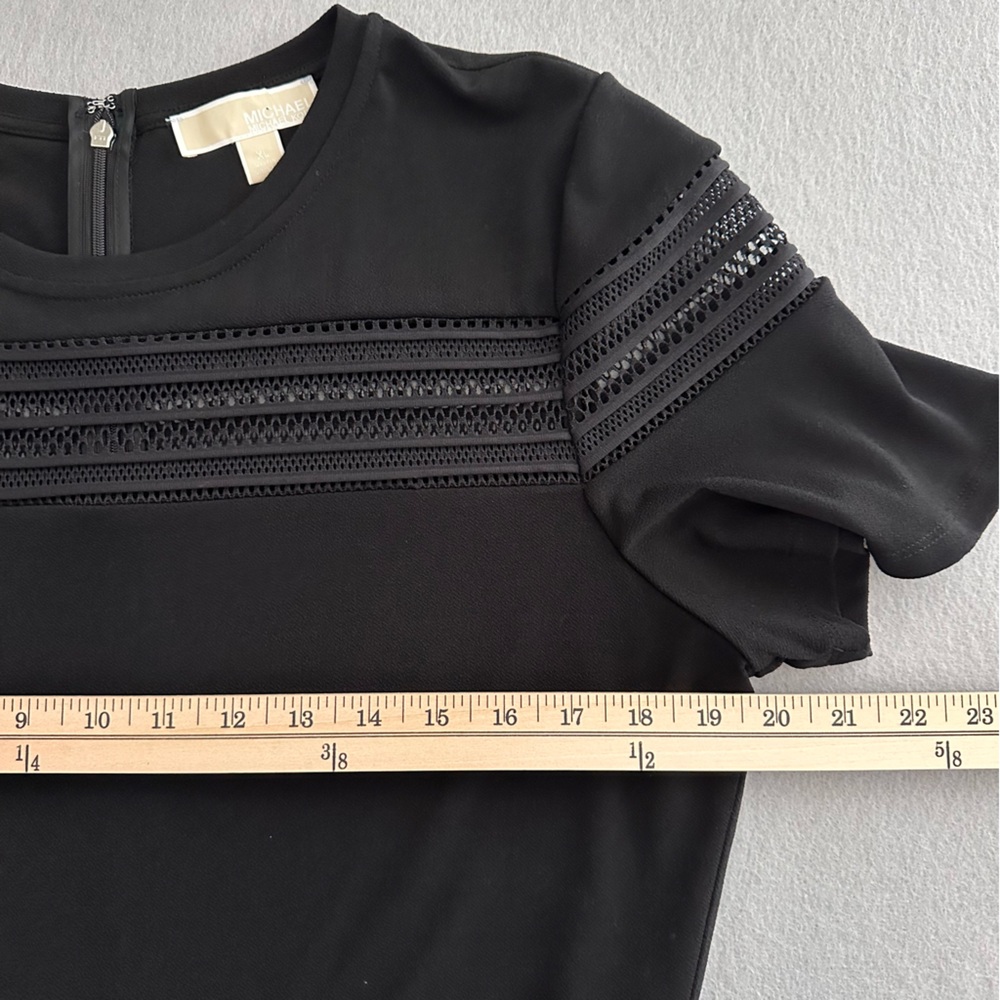 Michael Kors Black A-Line Dress Short Sleeve Ruffle Hem Crew Neck Mesh Insets XL - Picture 9 of 11